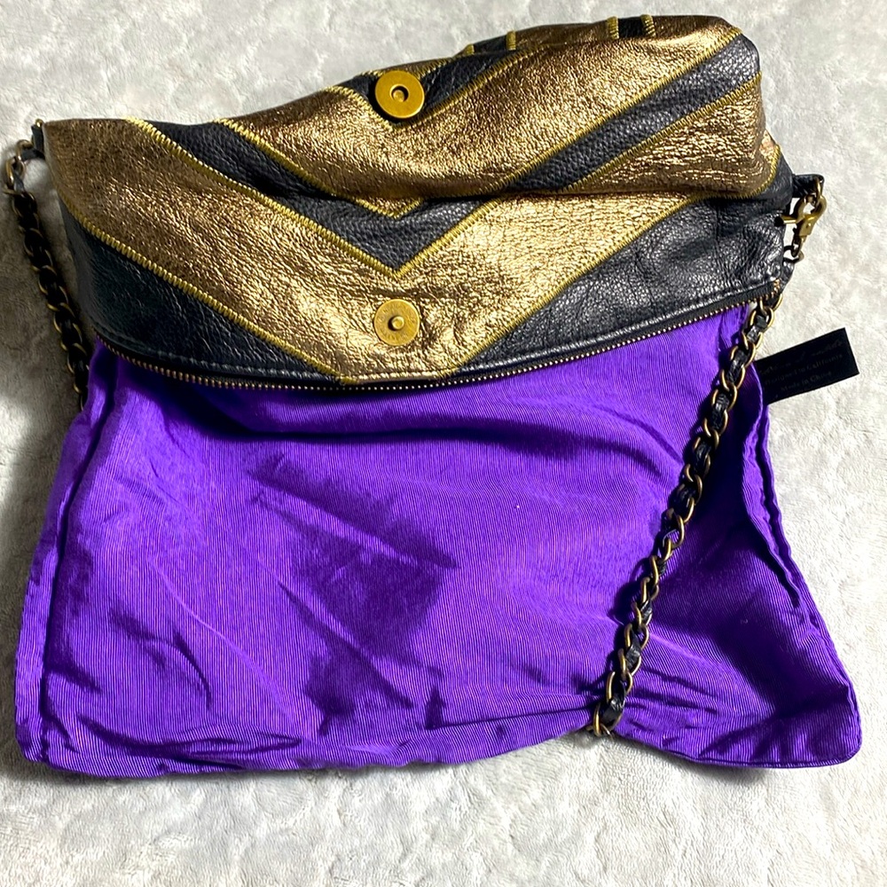Vintage Helena De Natalio Metallic Gold Black Crinkled Leather Clutch Crossbody - Picture 9 of 13